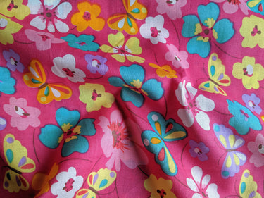Pink Cotton Voile Floral Butterfly Fabric, Floral Print Fabric, Lightweight Pink Fabric